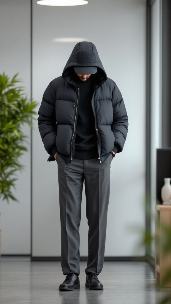 A person wearing a black puffer jacket paired with grey tailored pants, looking stylish and polished.