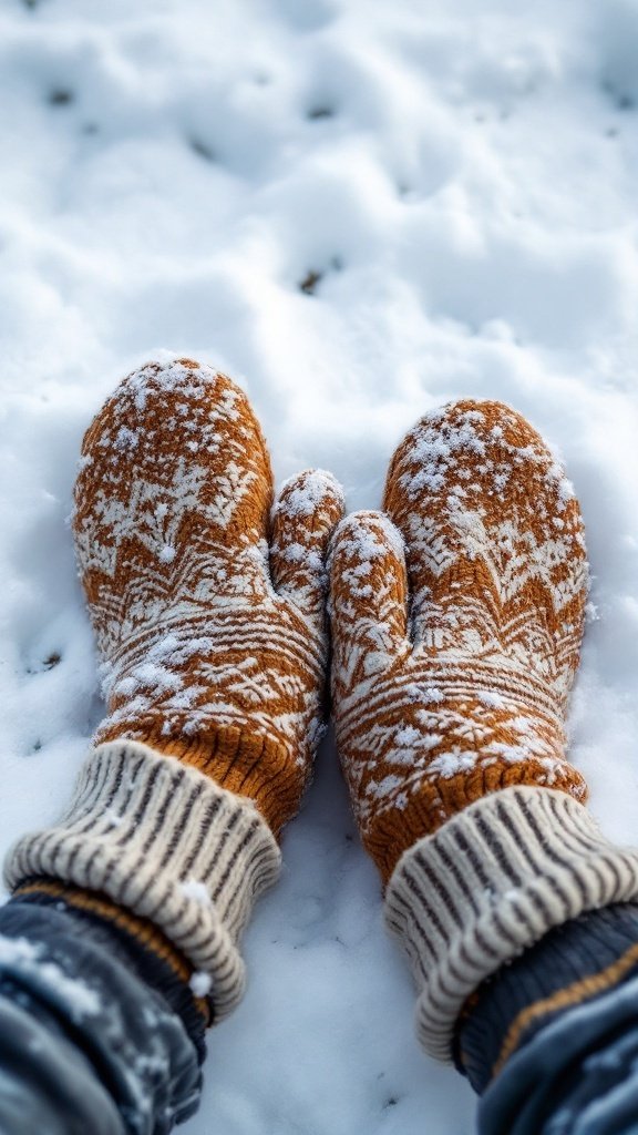 Textured mittens resting on snow-covered ground.