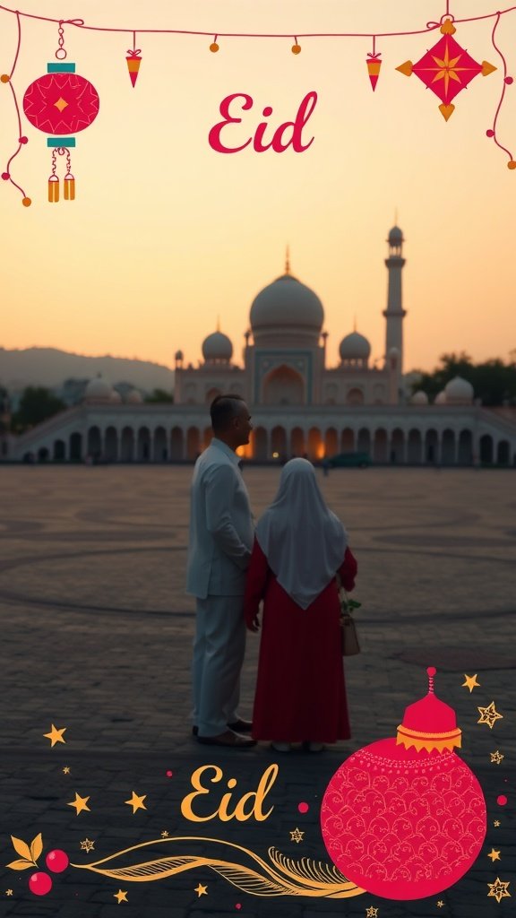 A couple standing together in front of a mosque during sunset, decorated with Eid-themed graphics.