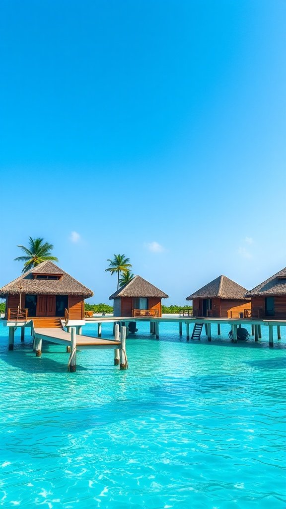 Beautiful overwater bungalows in the Maldives with clear blue water