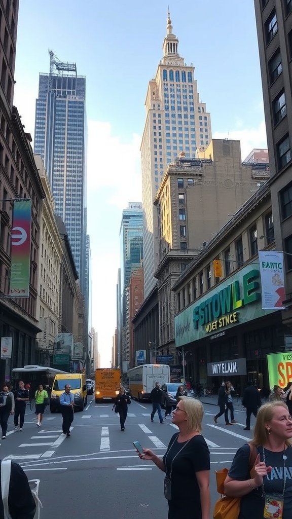 A busy street scene in New York City with tall buildings and pedestrians.