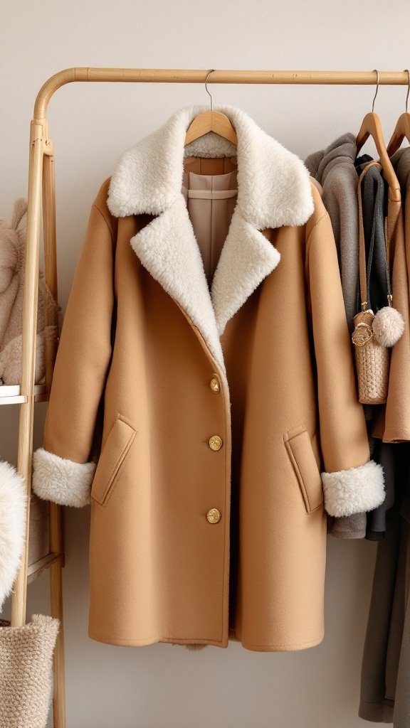 A stylish tan winter coat with a fluffy collar hanging on a rack.