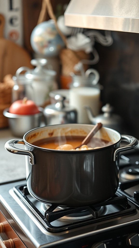 A pot of simmering spiced apple mixture on a stove, surrounded by kitchen items.