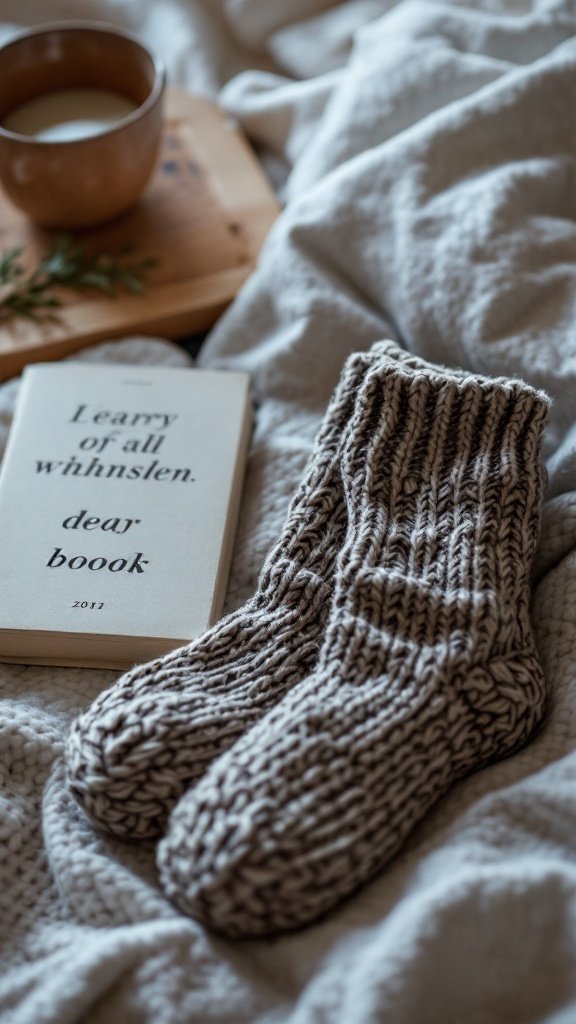 A pair of warm wool socks laid on a soft blanket next to a book and a cup.